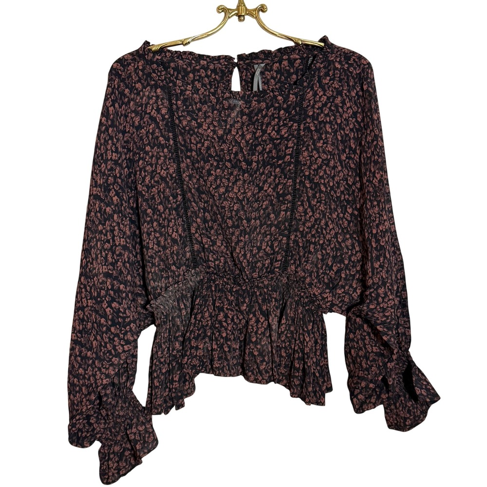 Anthropologie Floral Peplum Blouse Smocked Waist Bell Sleeve Brown Black Small
